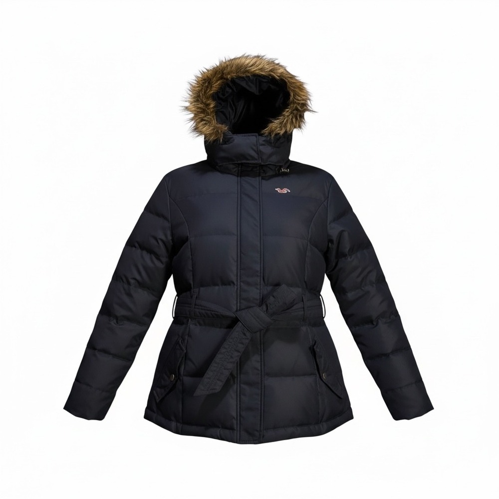 Hollister Womens Navy Blue Faux Fur Hooded Belted Down Puffer Parka‎ Size M